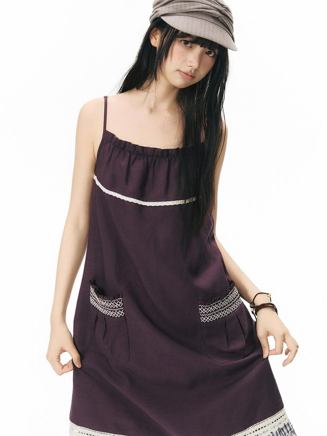 NAPSNAPS A Line Gathered Pocket Lace Trim Women&