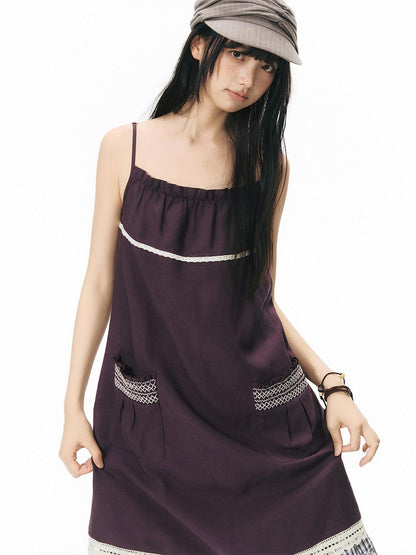 NAPSNAPS A Line Gathered Pocket Lace Trim Women&