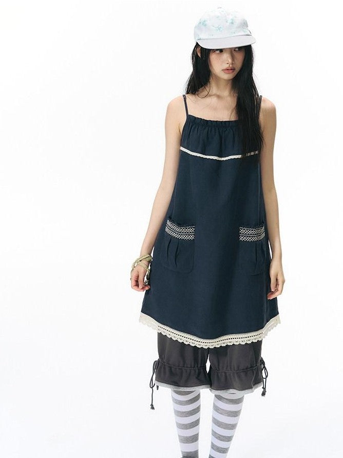 NAPSNAPS A Line Gathered Pocket Lace Trim Women&