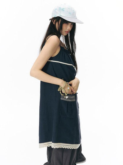 NAPSNAPS A Line Gathered Pocket Lace Trim Women&
