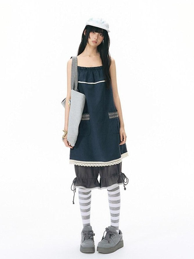 NAPSNAPS A Line Gathered Pocket Lace Trim Women&