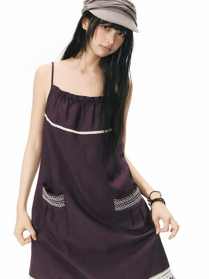 NAPSNAPS A Line Gathered Pocket Lace Trim Women&