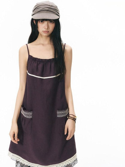 NAPSNAPS A Line Gathered Pocket Lace Trim Women&