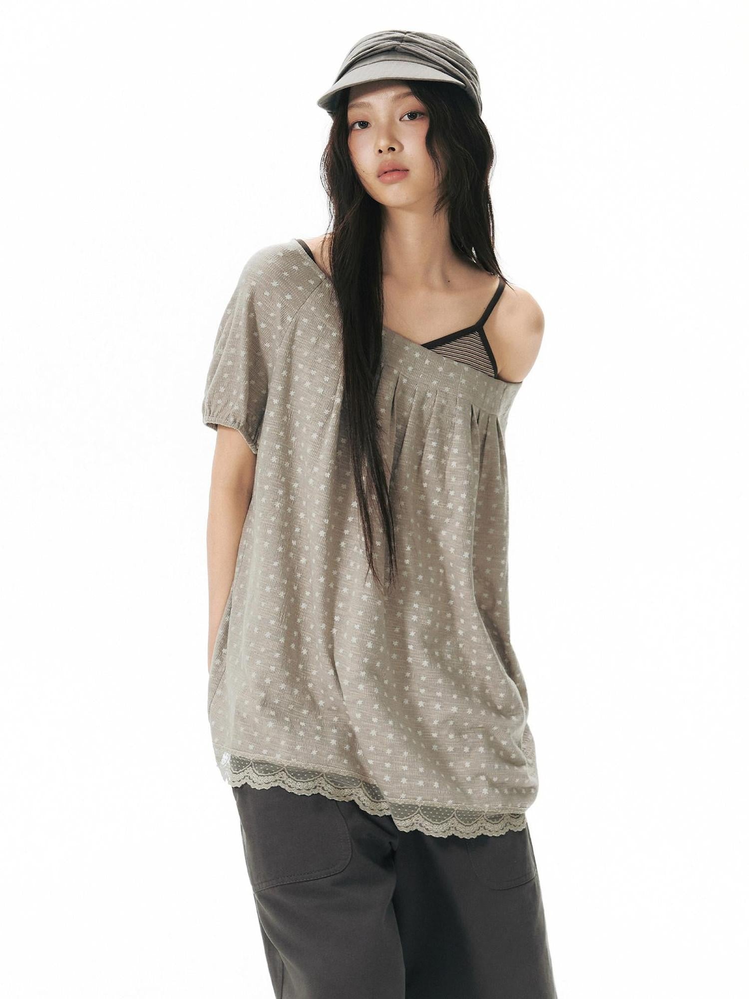 NAPSNAPS Allover Star Print Lace Splice Loose Fit Women&