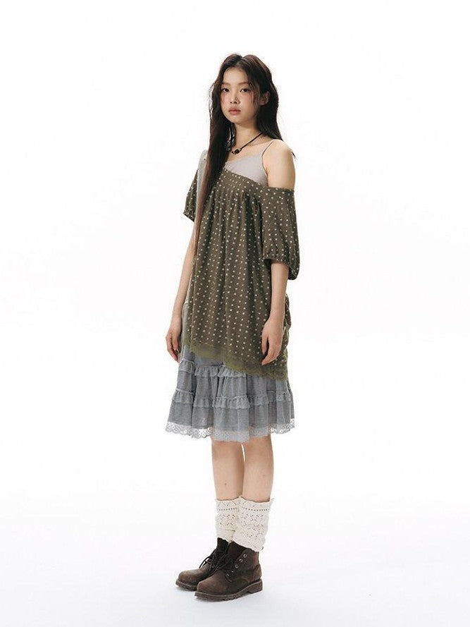 NAPSNAPS Allover Star Print Lace Splice Loose Fit Women&