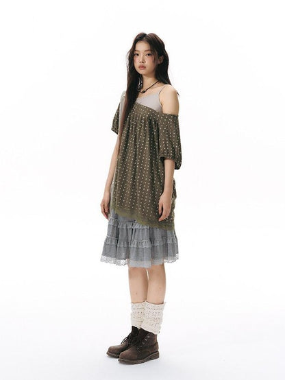 NAPSNAPS Allover Star Print Lace Splice Loose Fit Women&