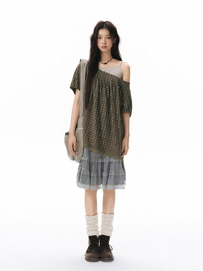 NAPSNAPS Allover Star Print Lace Splice Loose Fit Women&