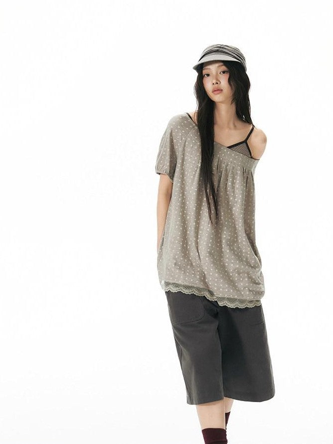 NAPSNAPS Allover Star Print Lace Splice Loose Fit Women&