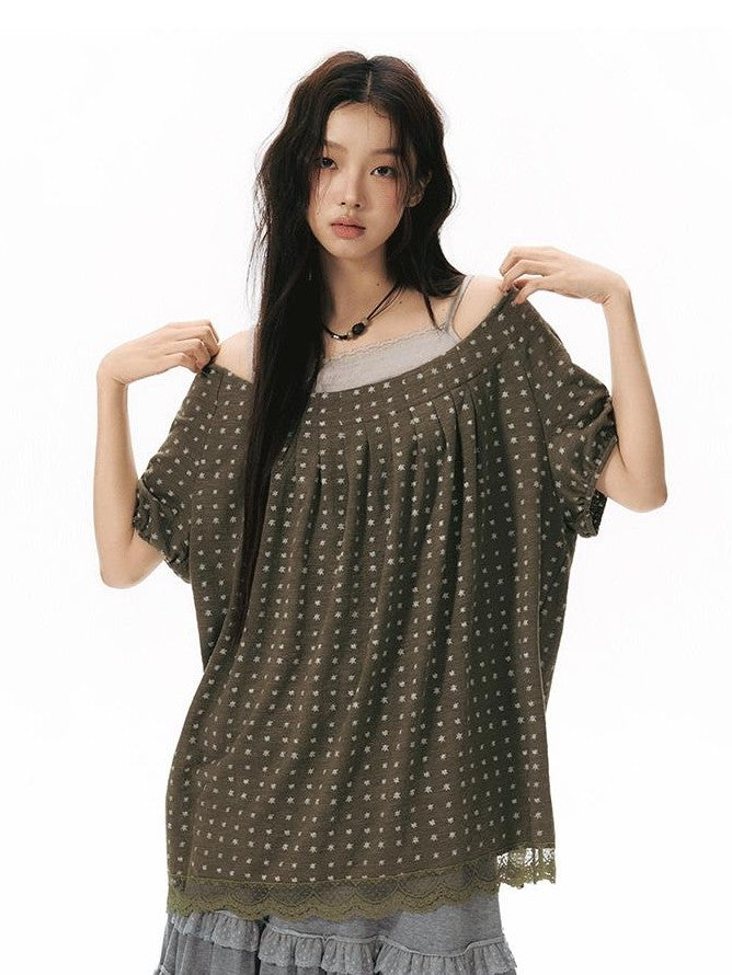 NAPSNAPS Allover Star Print Lace Splice Loose Fit Women&