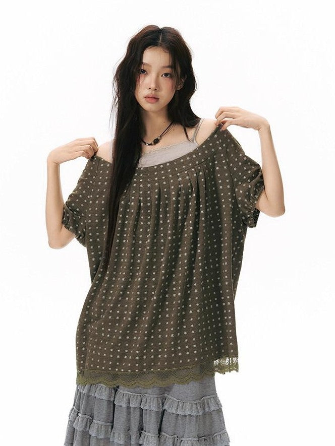NAPSNAPS Allover Star Print Lace Splice Loose Fit Women&