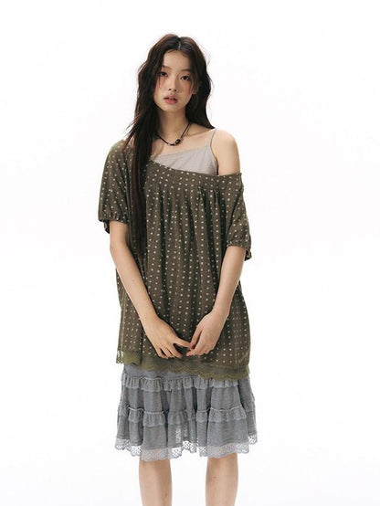 NAPSNAPS Allover Star Print Lace Splice Loose Fit Women&
