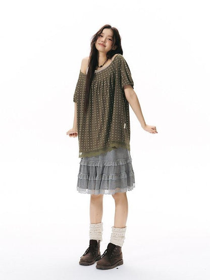 NAPSNAPS Allover Star Print Lace Splice Loose Fit Women&