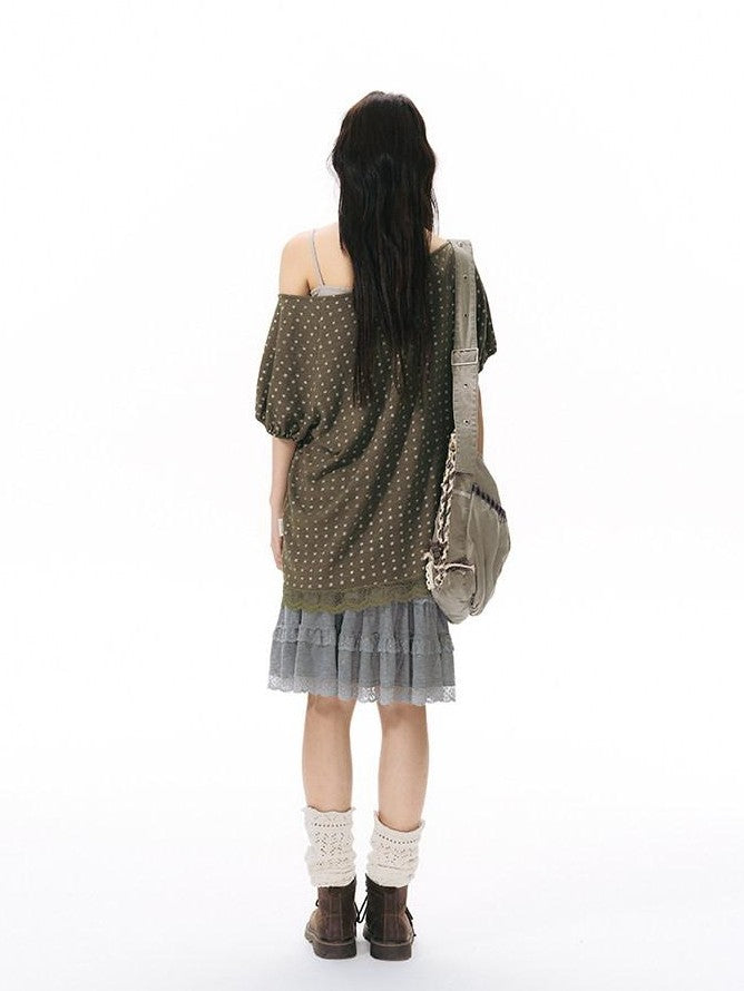 NAPSNAPS Allover Star Print Lace Splice Loose Fit Women&