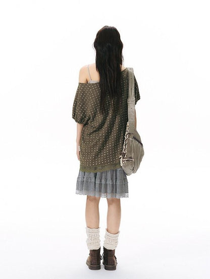 NAPSNAPS Allover Star Print Lace Splice Loose Fit Women&