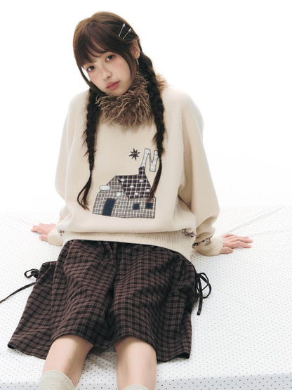NAPSNAPS Apricot Cartoon Applique Colorblock Round Neck Knitted Women&