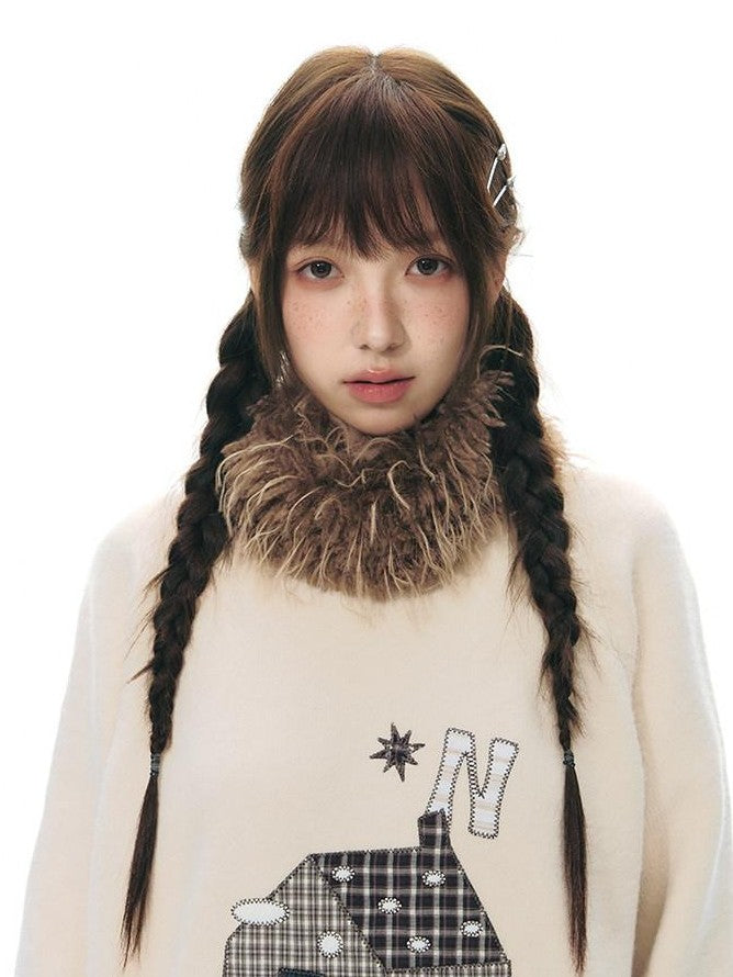NAPSNAPS Apricot Cartoon Applique Colorblock Round Neck Knitted Women&