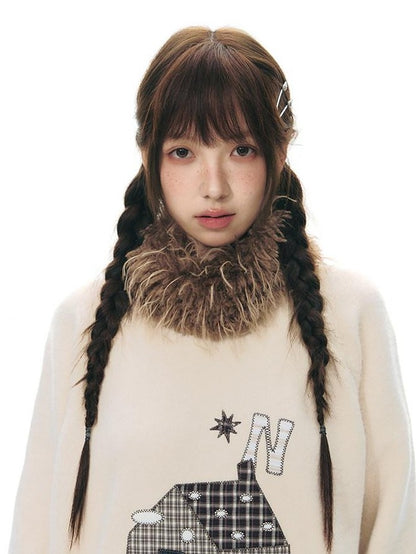 NAPSNAPS Apricot Cartoon Applique Colorblock Round Neck Knitted Women&