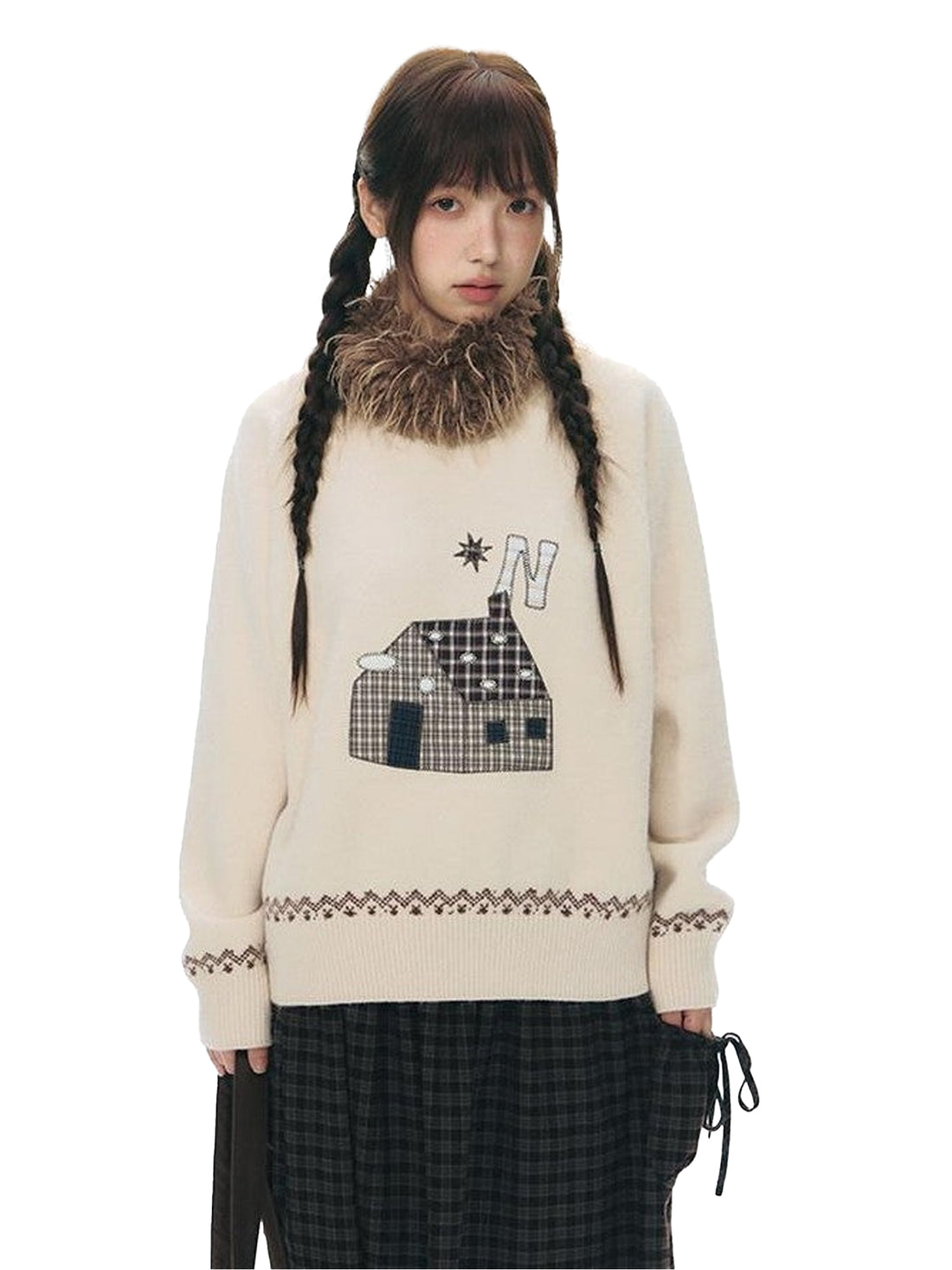 NAPSNAPS Apricot Cartoon Applique Colorblock Round Neck Knitted Women&