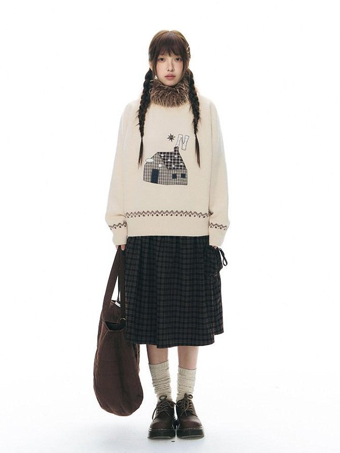 NAPSNAPS Apricot Cartoon Applique Colorblock Round Neck Knitted Women&
