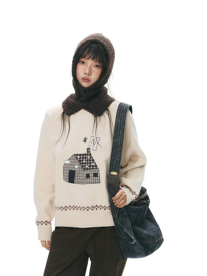 NAPSNAPS Apricot Cartoon Applique Colorblock Round Neck Knitted Women&