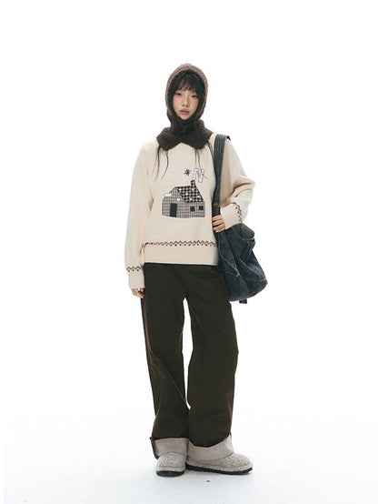 NAPSNAPS Apricot Cartoon Applique Colorblock Round Neck Knitted Women&