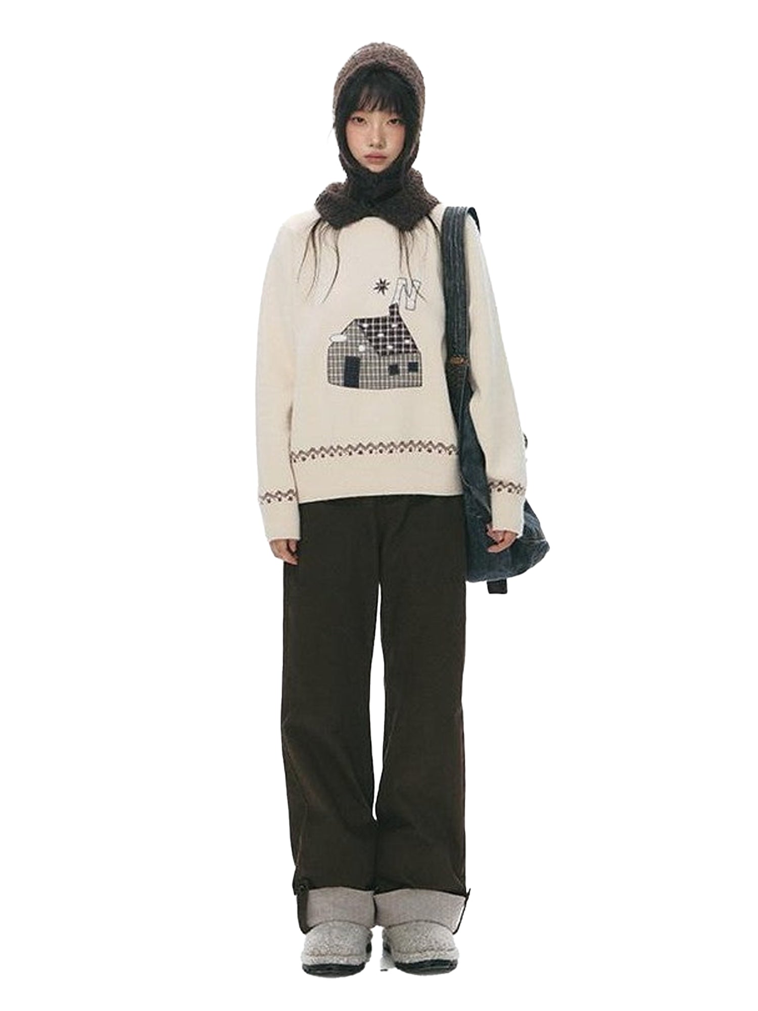 NAPSNAPS Apricot Cartoon Applique Colorblock Round Neck Knitted Women&