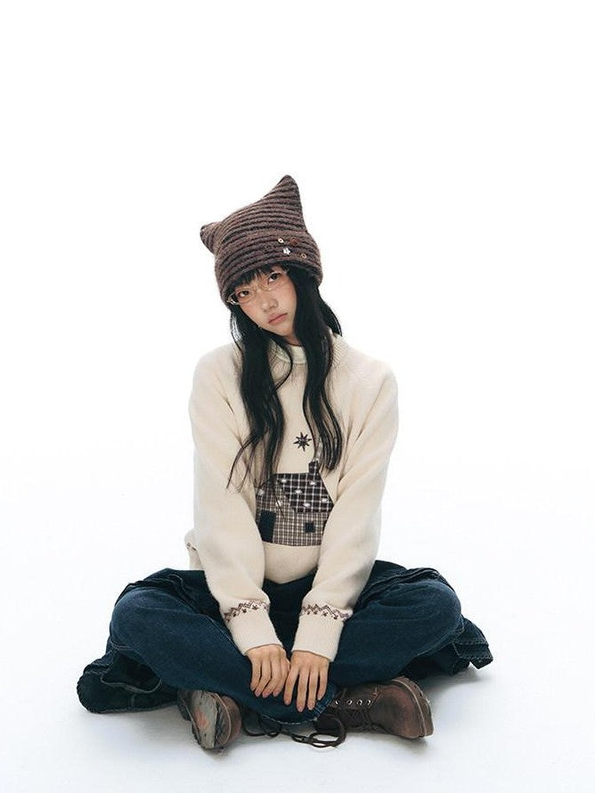 NAPSNAPS Apricot Cartoon Applique Colorblock Round Neck Knitted Women&