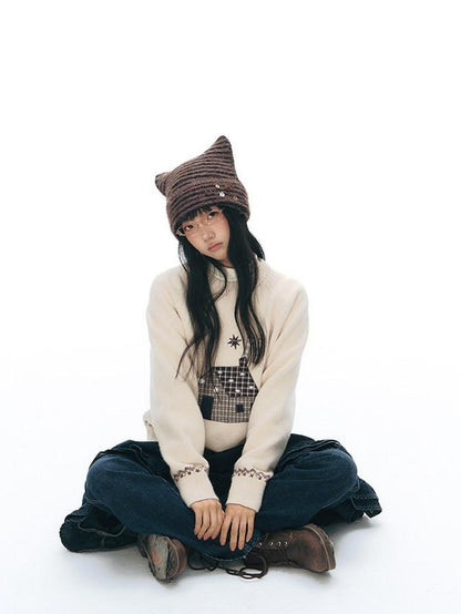 NAPSNAPS Apricot Cartoon Applique Colorblock Round Neck Knitted Women&