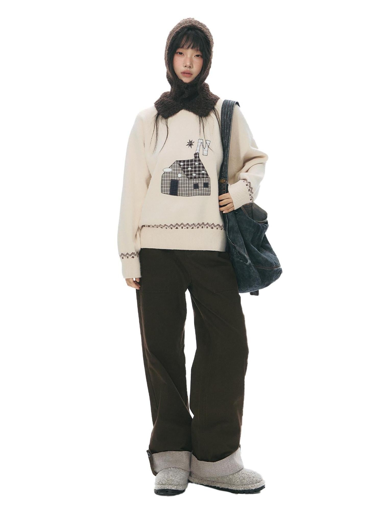 NAPSNAPS Apricot Cartoon Applique Colorblock Round Neck Knitted Women&