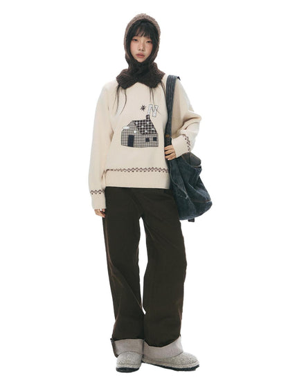 NAPSNAPS Apricot Cartoon Applique Colorblock Round Neck Knitted Women&