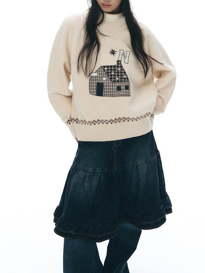 NAPSNAPS Apricot Cartoon Applique Colorblock Round Neck Knitted Women&
