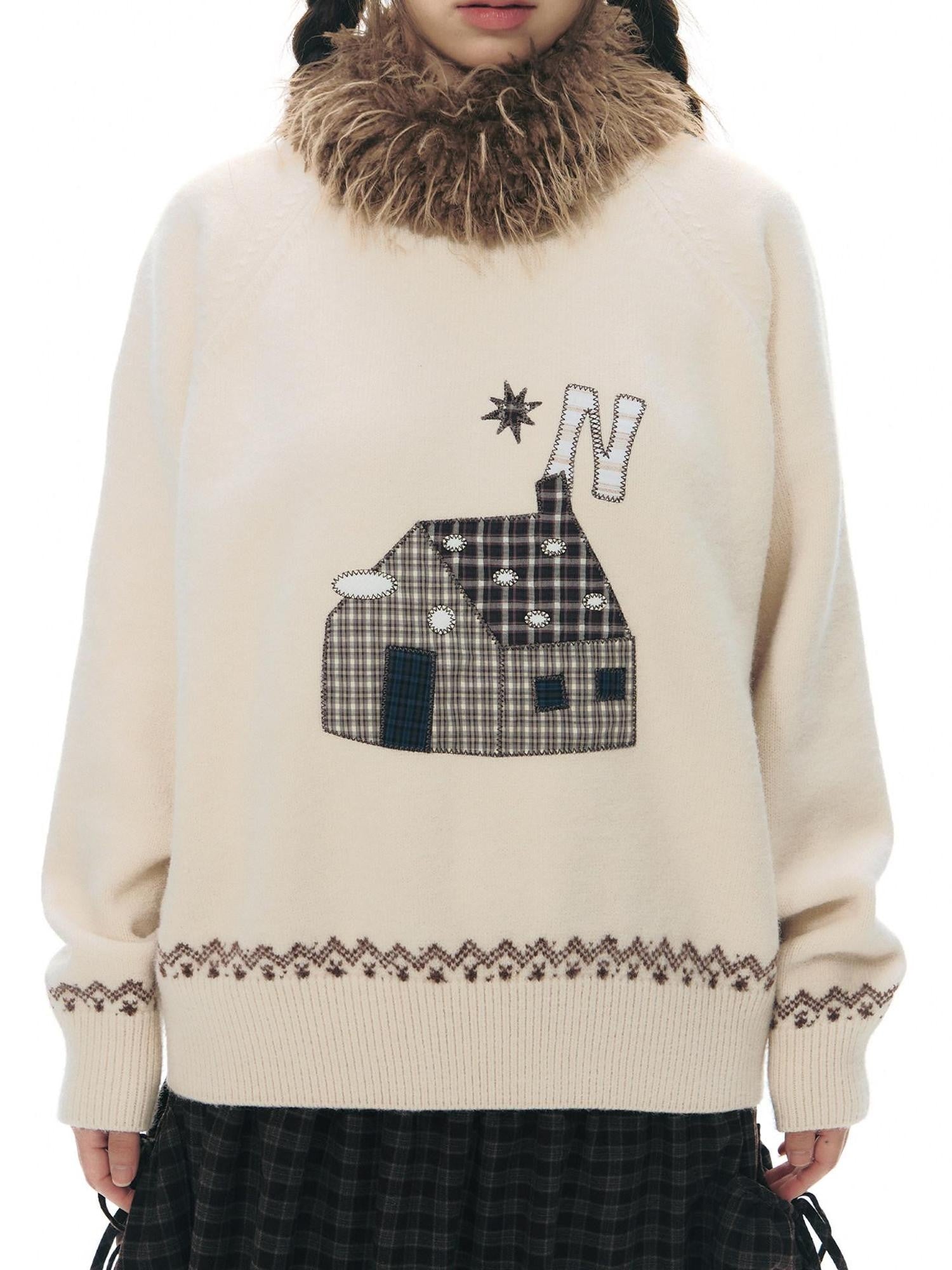NAPSNAPS Apricot Cartoon Applique Colorblock Round Neck Knitted Women&