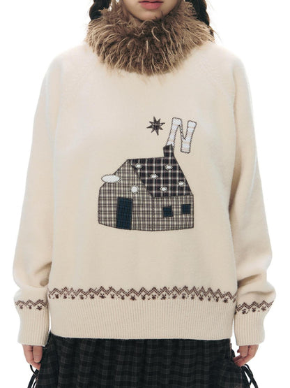 NAPSNAPS Apricot Cartoon Applique Colorblock Round Neck Knitted Women&