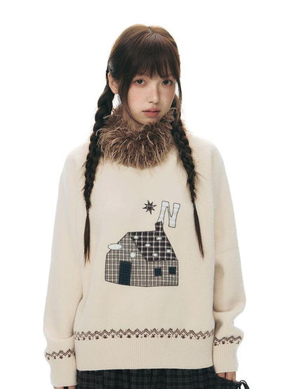 NAPSNAPS Apricot Cartoon Applique Colorblock Round Neck Knitted Women&
