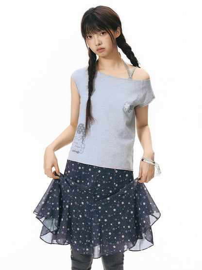 NAPSNAPS Apricot Star Print Lace Mid Waist Side Zipper Women&