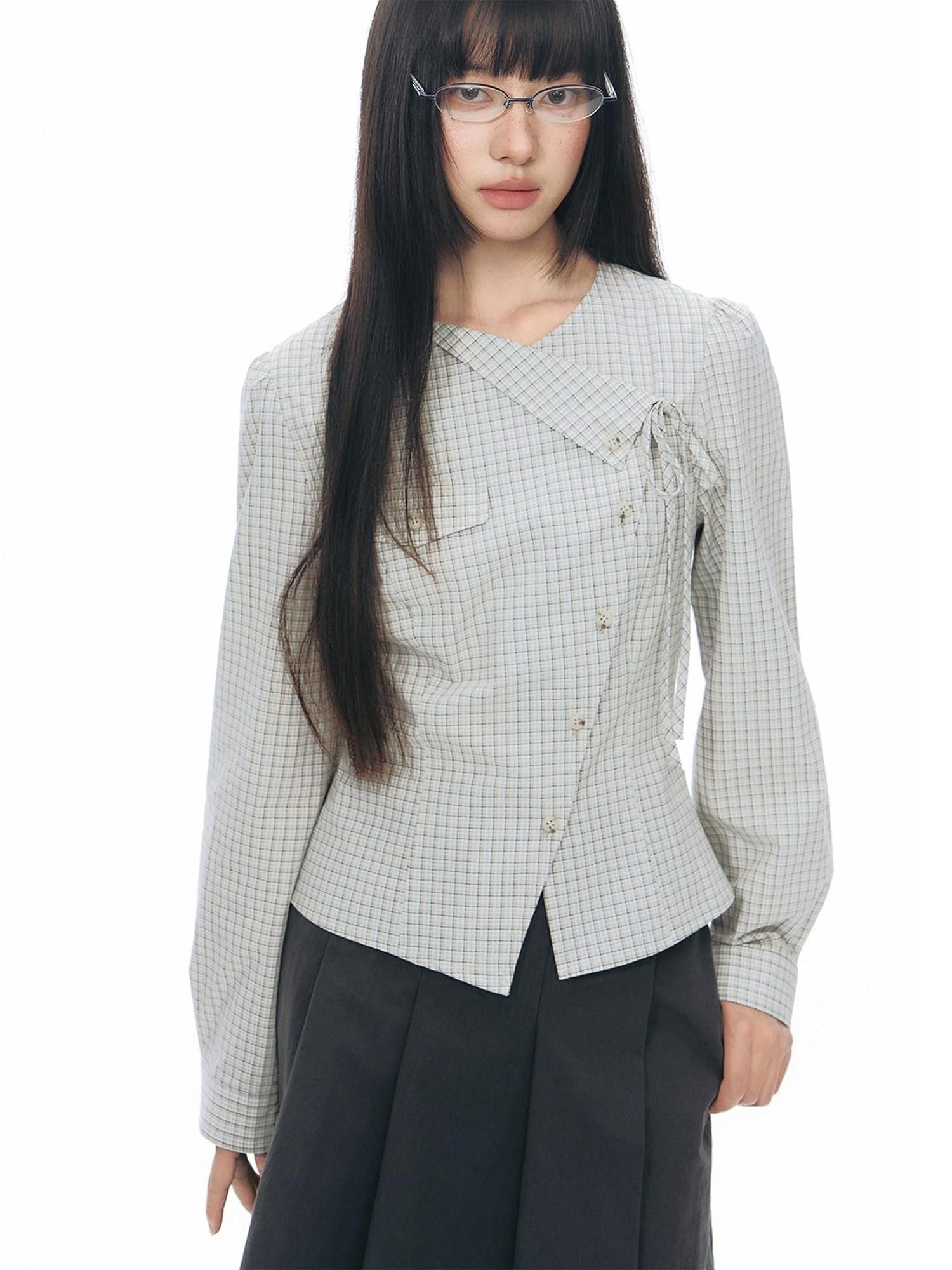 NAPSNAPS Asymmetric Tie Plaid Puff Skirt Slim Women&