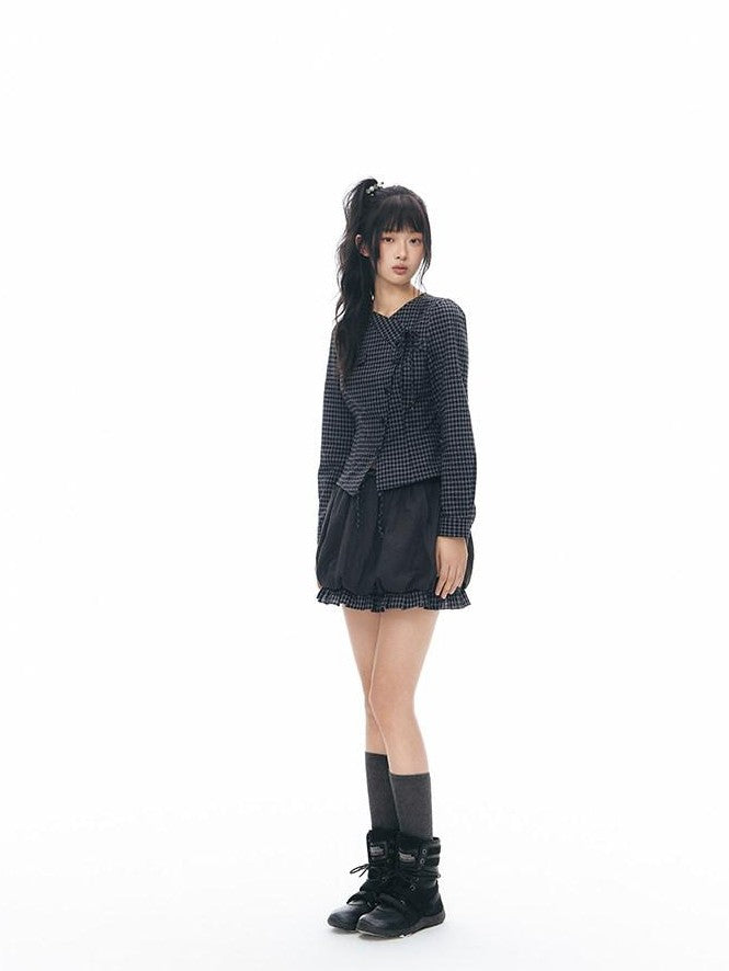 NAPSNAPS Asymmetric Tie Plaid Puff Skirt Slim Women&
