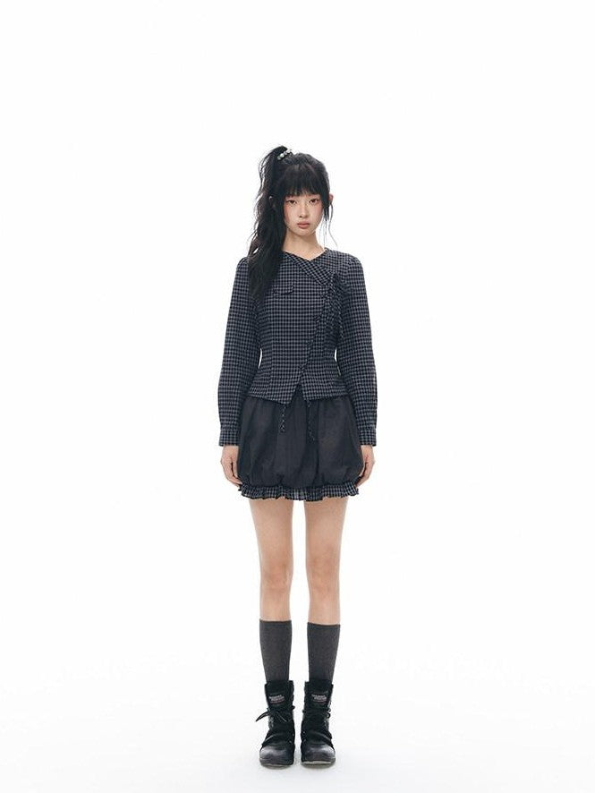 NAPSNAPS Asymmetric Tie Plaid Puff Skirt Slim Women&