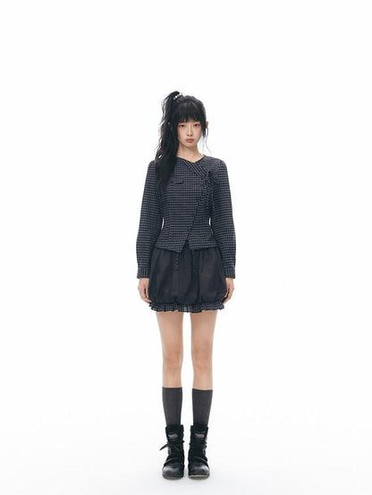 NAPSNAPS Asymmetric Tie Plaid Puff Skirt Slim Women&
