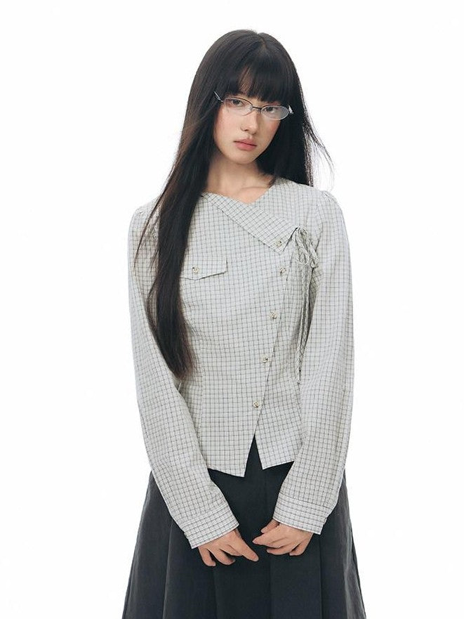 NAPSNAPS Asymmetric Tie Plaid Puff Skirt Slim Women&