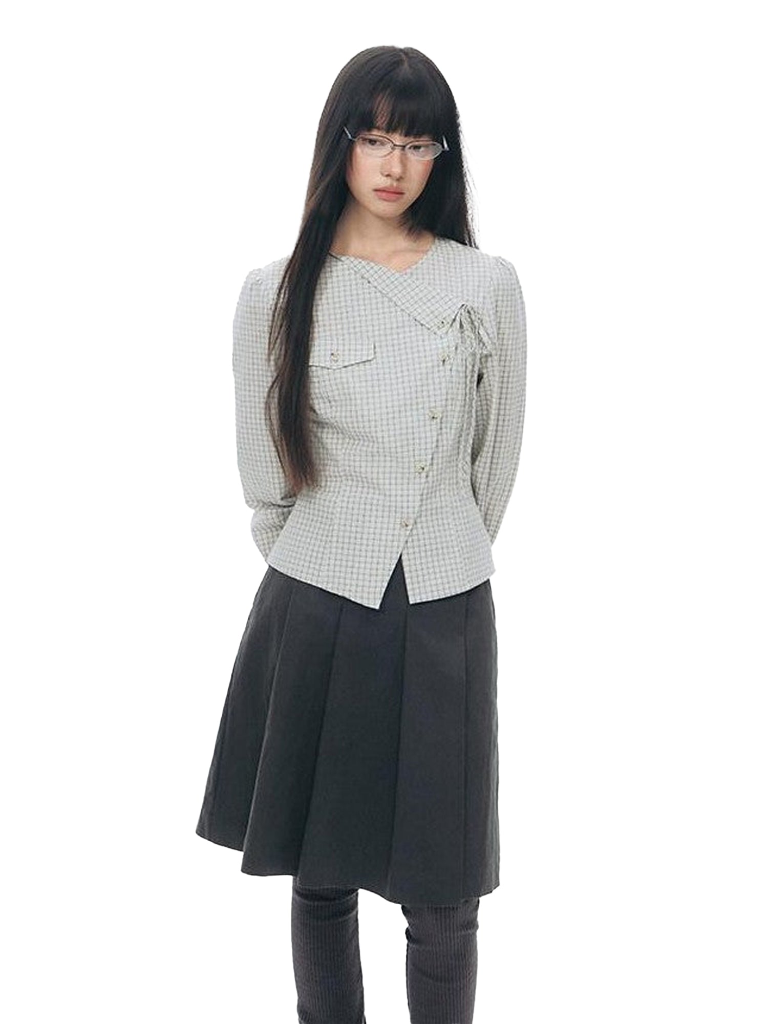 NAPSNAPS Asymmetric Tie Plaid Puff Skirt Slim Women&