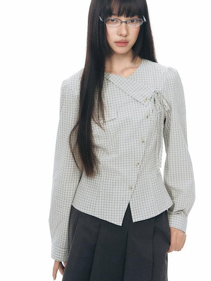 NAPSNAPS Asymmetric Tie Plaid Puff Skirt Slim Women&