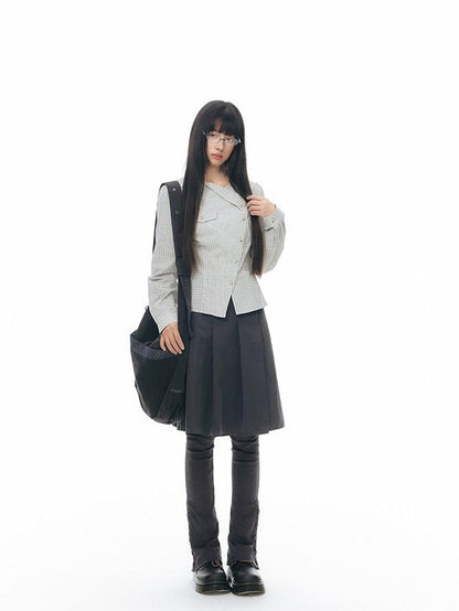 NAPSNAPS Asymmetric Tie Plaid Puff Skirt Slim Women&