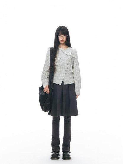 NAPSNAPS Asymmetric Tie Plaid Puff Skirt Slim Women&