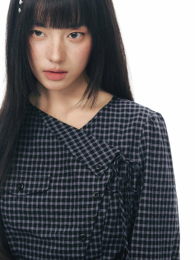 NAPSNAPS Asymmetric Tie Plaid Puff Skirt Slim Women&