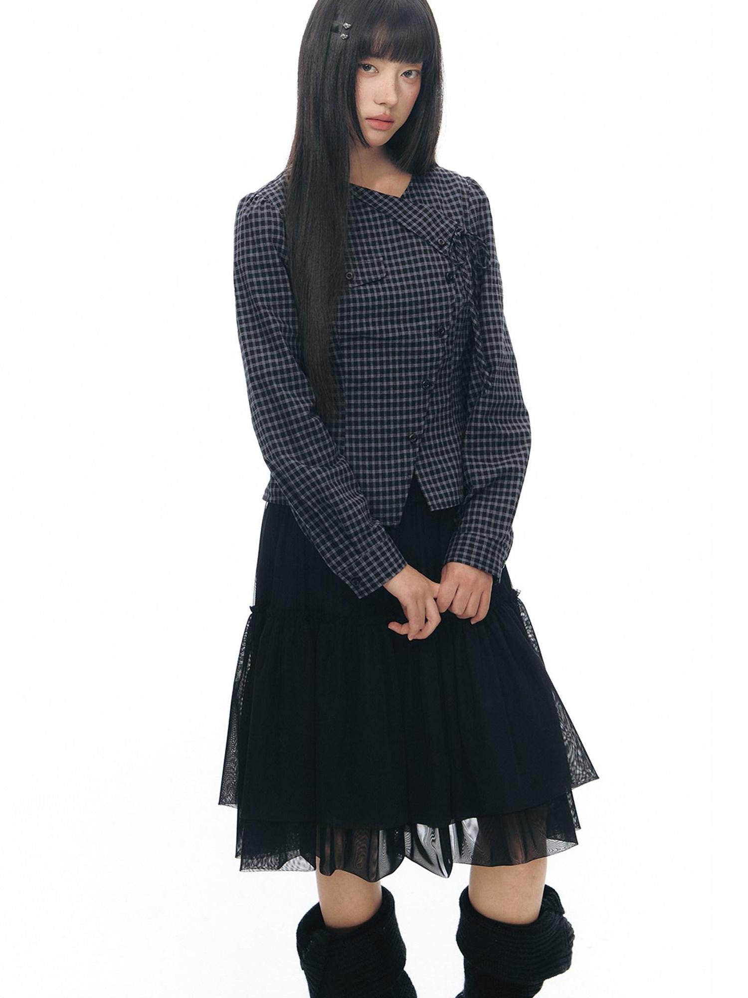 NAPSNAPS Asymmetric Tie Plaid Puff Skirt Slim Women&