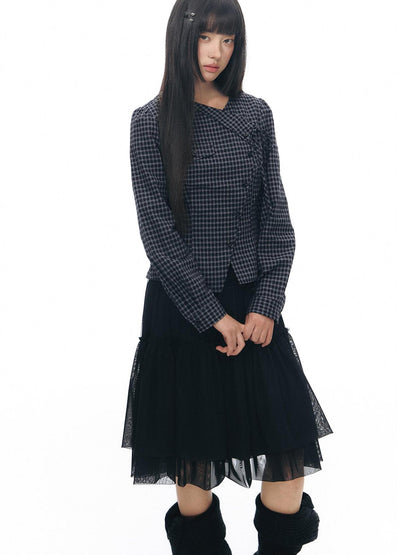 NAPSNAPS Asymmetric Tie Plaid Puff Skirt Slim Women&