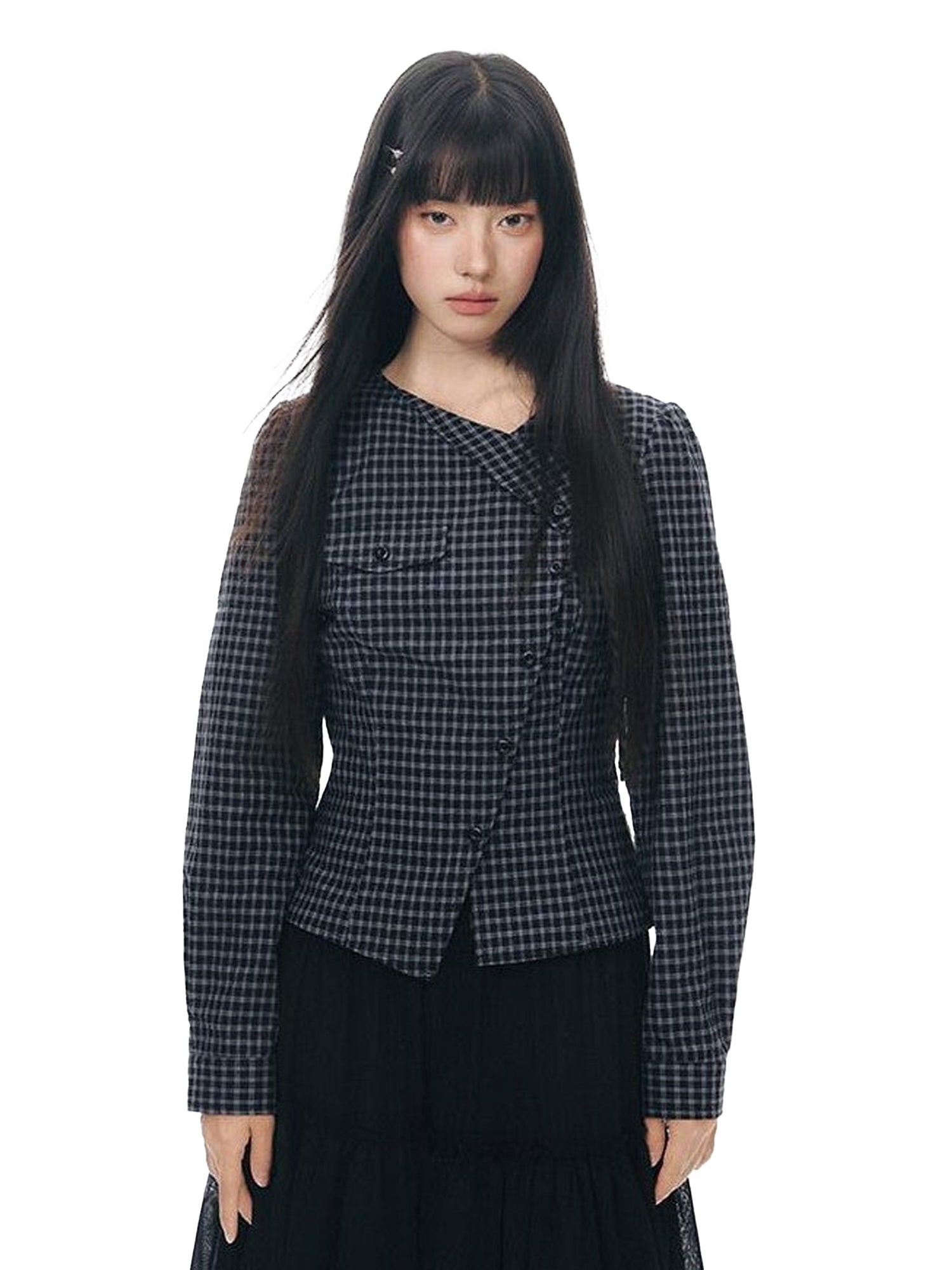 NAPSNAPS Asymmetric Tie Plaid Puff Skirt Slim Women&