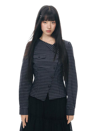 NAPSNAPS Asymmetric Tie Plaid Puff Skirt Slim Women&