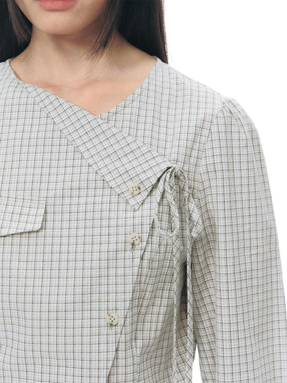 NAPSNAPS Asymmetric Tie Plaid Puff Skirt Slim Women&